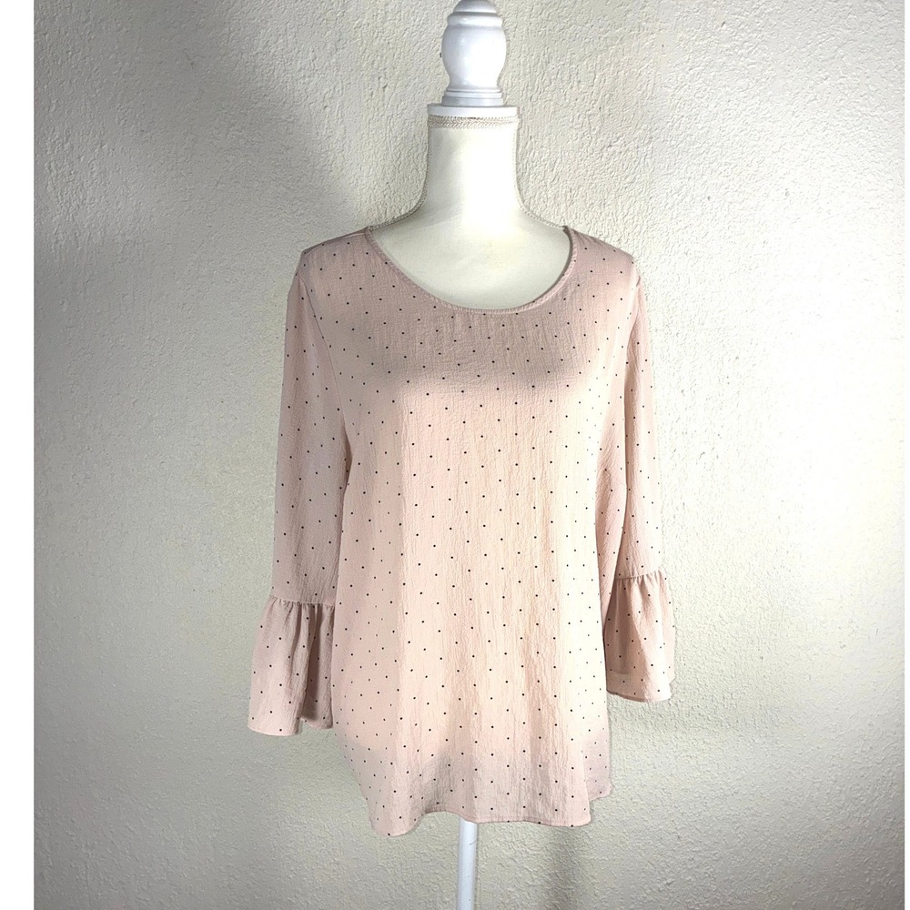 Elle Womens XXL Pink Polka Dot Bell Sleeve Blouse Scoop Neck Crepe Top PCHPINDOT